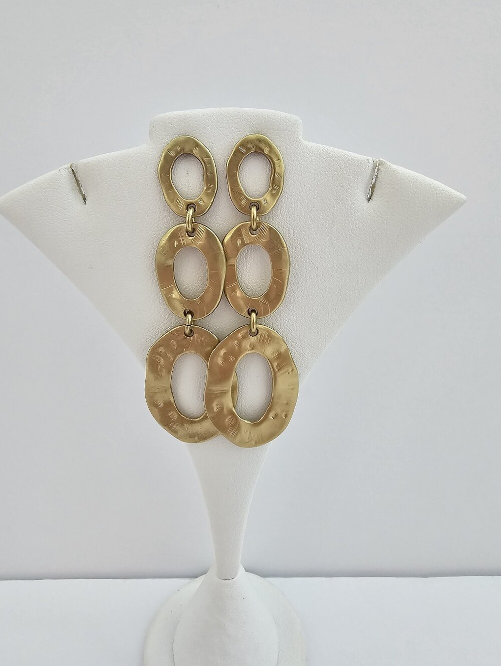 Chico's Matte Gold Textured Triple Oval Link Linear Drop Statement Earrings